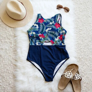 CUPSHE 1/ONE PIECE SWIMSUIT SZ M TROPICAL PRINT NAVY BLUE HI NECK MODEST CUTOUT